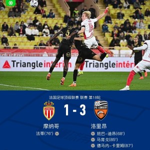 足球高清直播-摩纳哥1-3洛里昂，法蒂破门，德马内-卡里姆传射建功